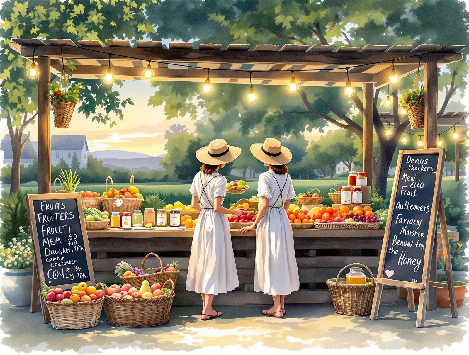 Mother Daughter Farmers Market at Dusk in Watercolor Style