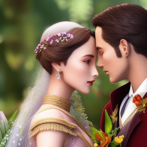 Romantic Couple in Butterfly Garden, 3D Illustration