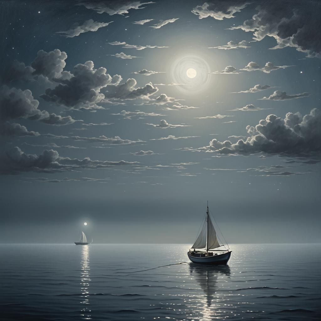 Silver Boat on Dreamy Moonlit Sea, Surrealist Style