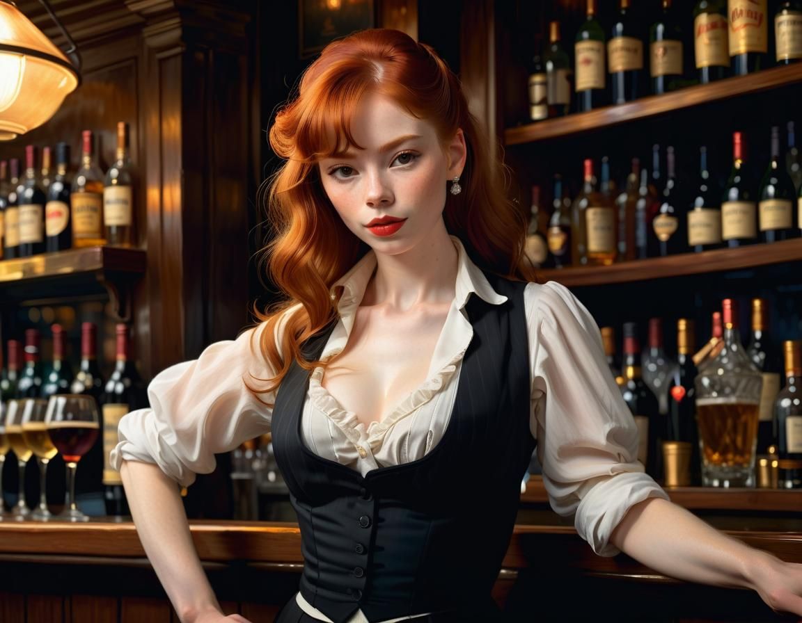 Redhead Bartender in New Orleans, French Art Style