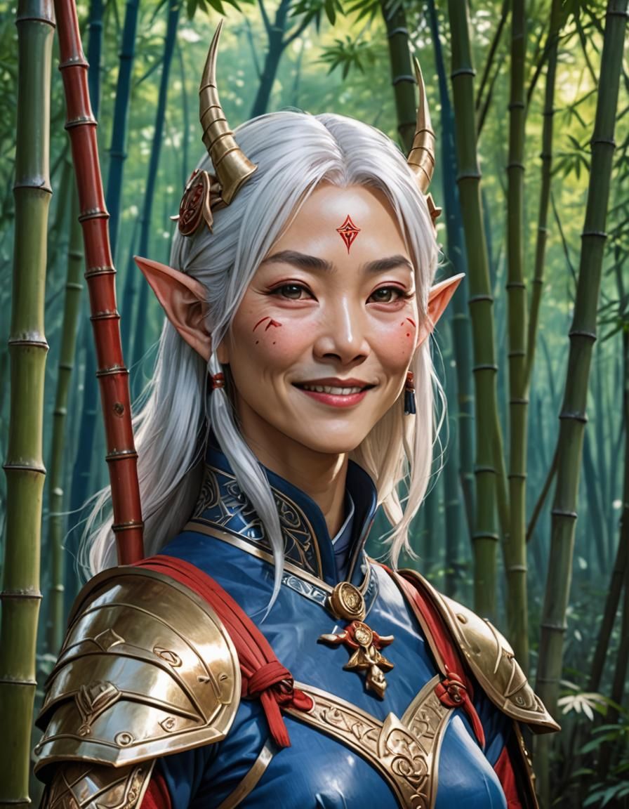 Japanese Elf Elder Warriors Portrait in Art Nouveau Style