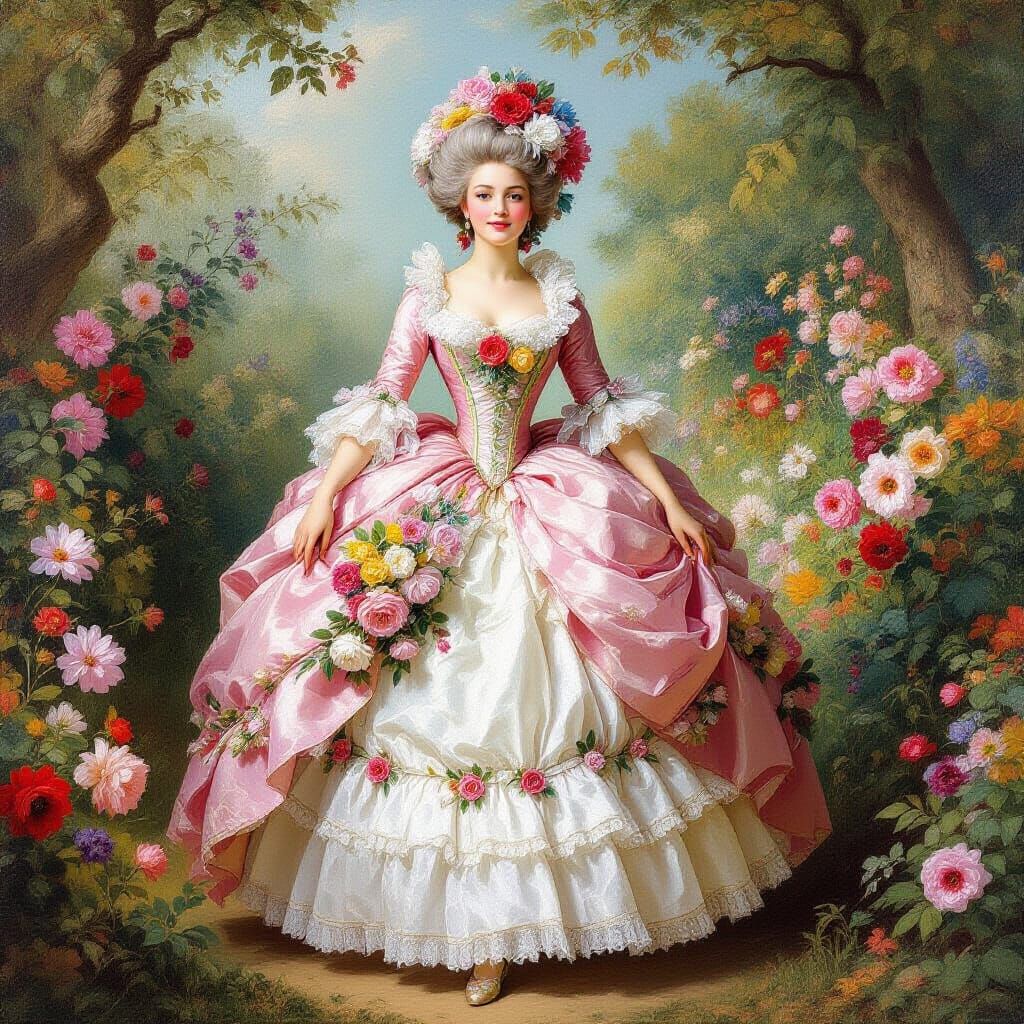 French Girl in Rococo Garden with Floral Crinoline