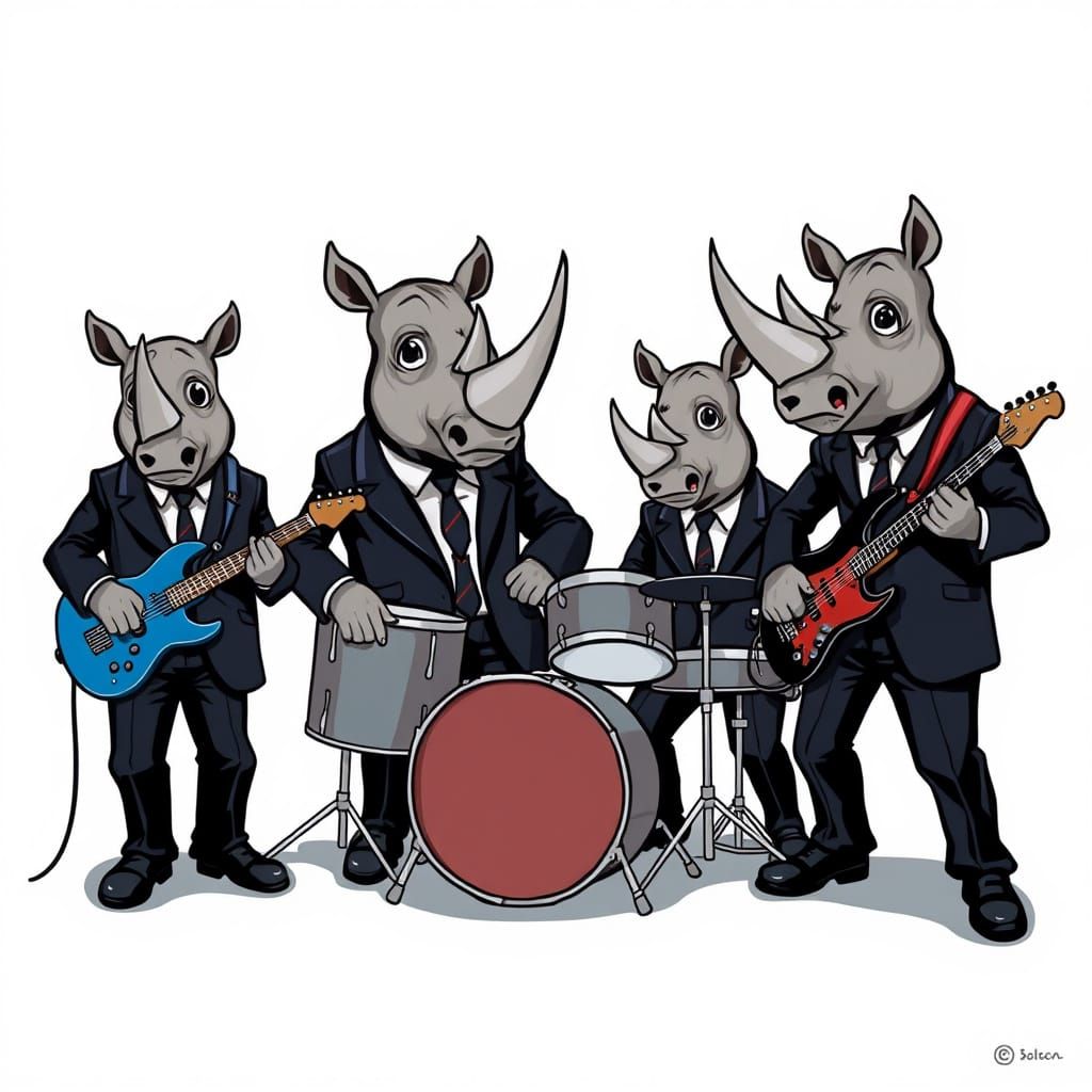 Cartoon Rhinos Rock Band in Suits