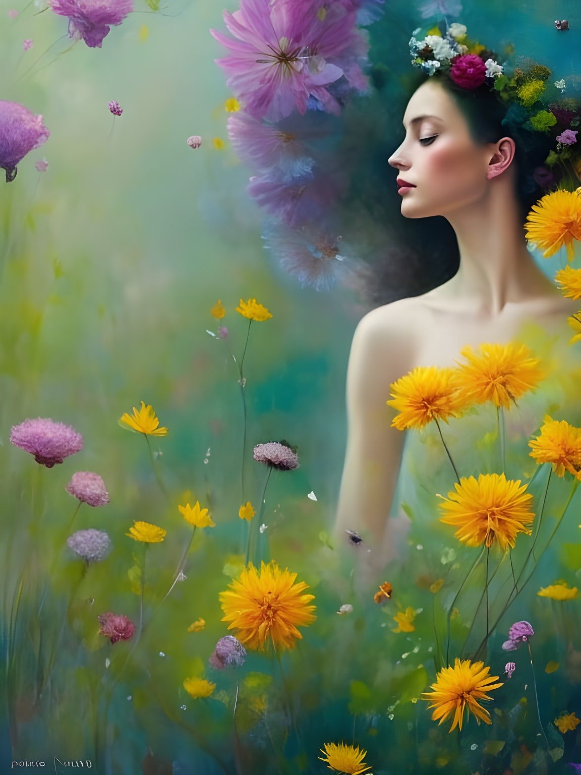 Surreal Flower Portrait in Oil with Floating Dandelions