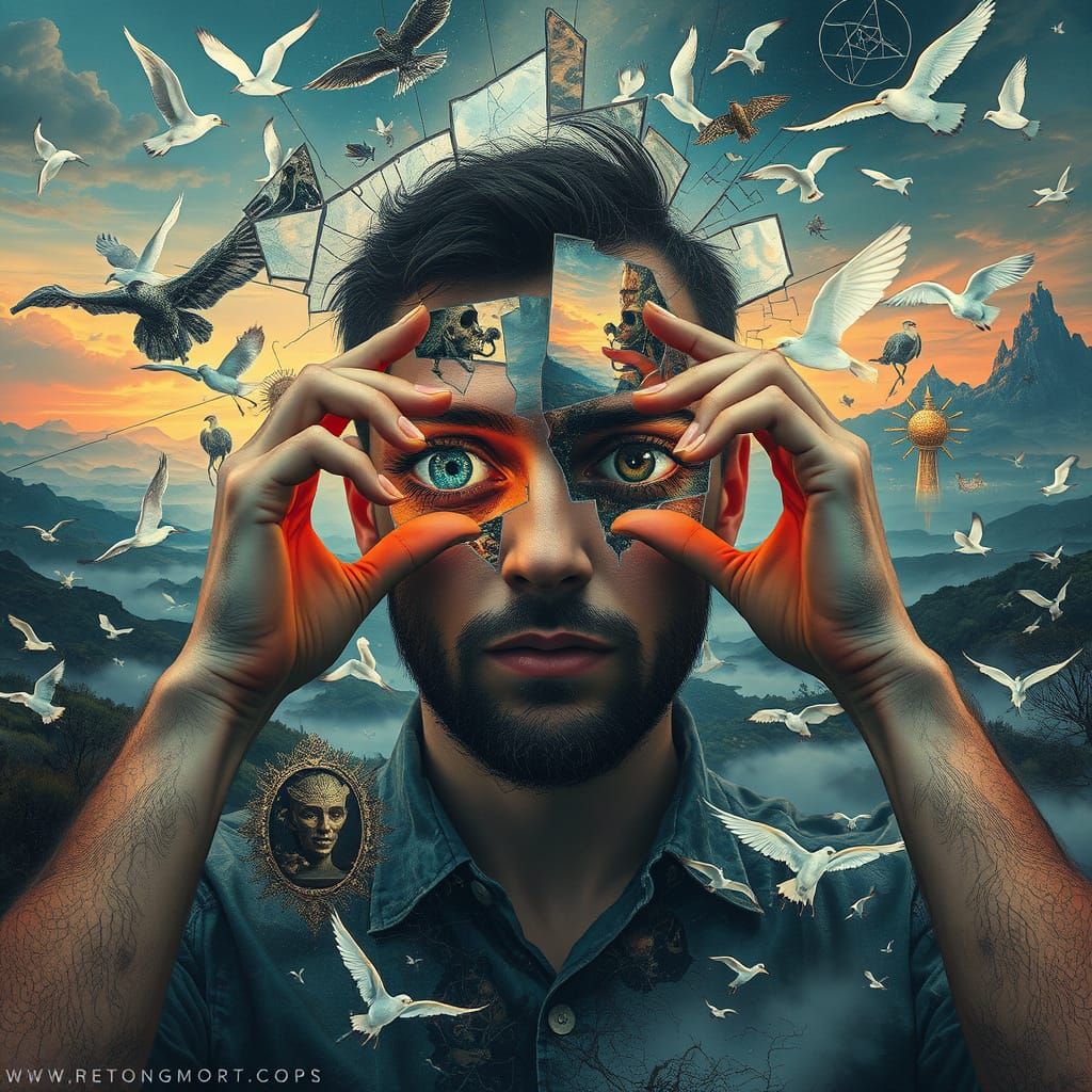 Surreal Man Holds Detached Eyes in Dreamscape
