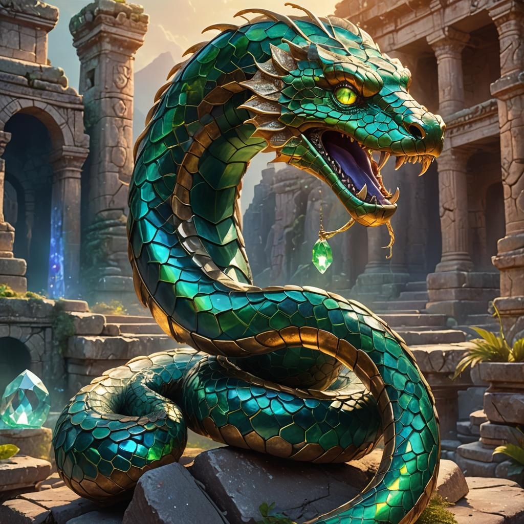 Iridescent Serpent Coiled Around Crystal: Fantasy Art