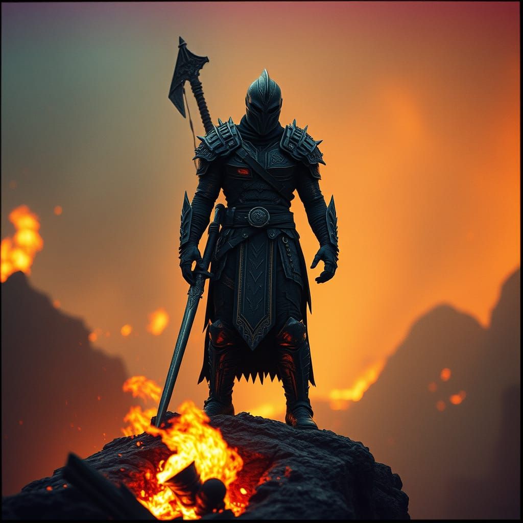 Epic Warrior on Edge of Destruction: Cinematic Film Still