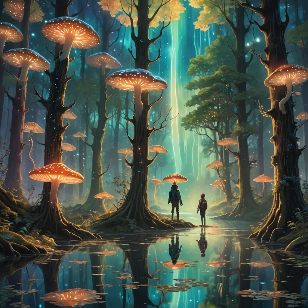 Glowing Creature in Iridescent Forest: Magical Realism