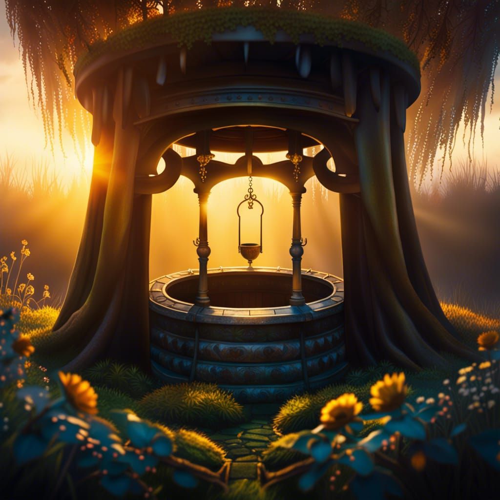 Fairytale Well at Golden Hour in Maximalist Style