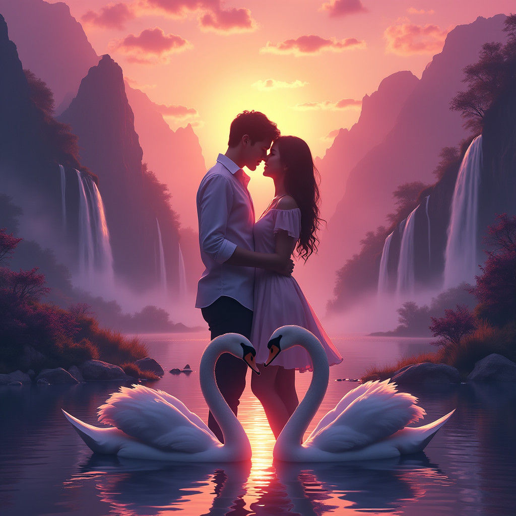 Fantasy Couple Embrace in Ethereal Pink and Purple World