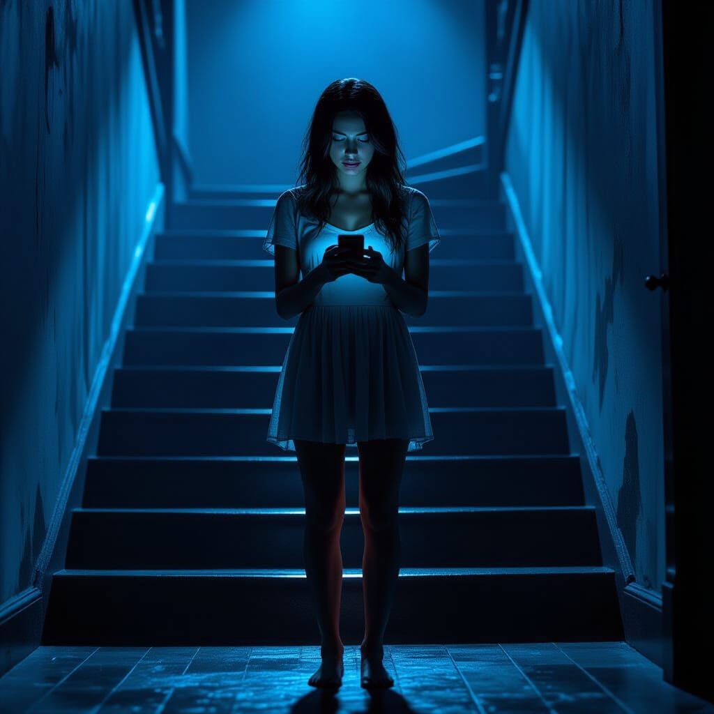 Terrified Woman in Blue Light, Psychological Horror Scene