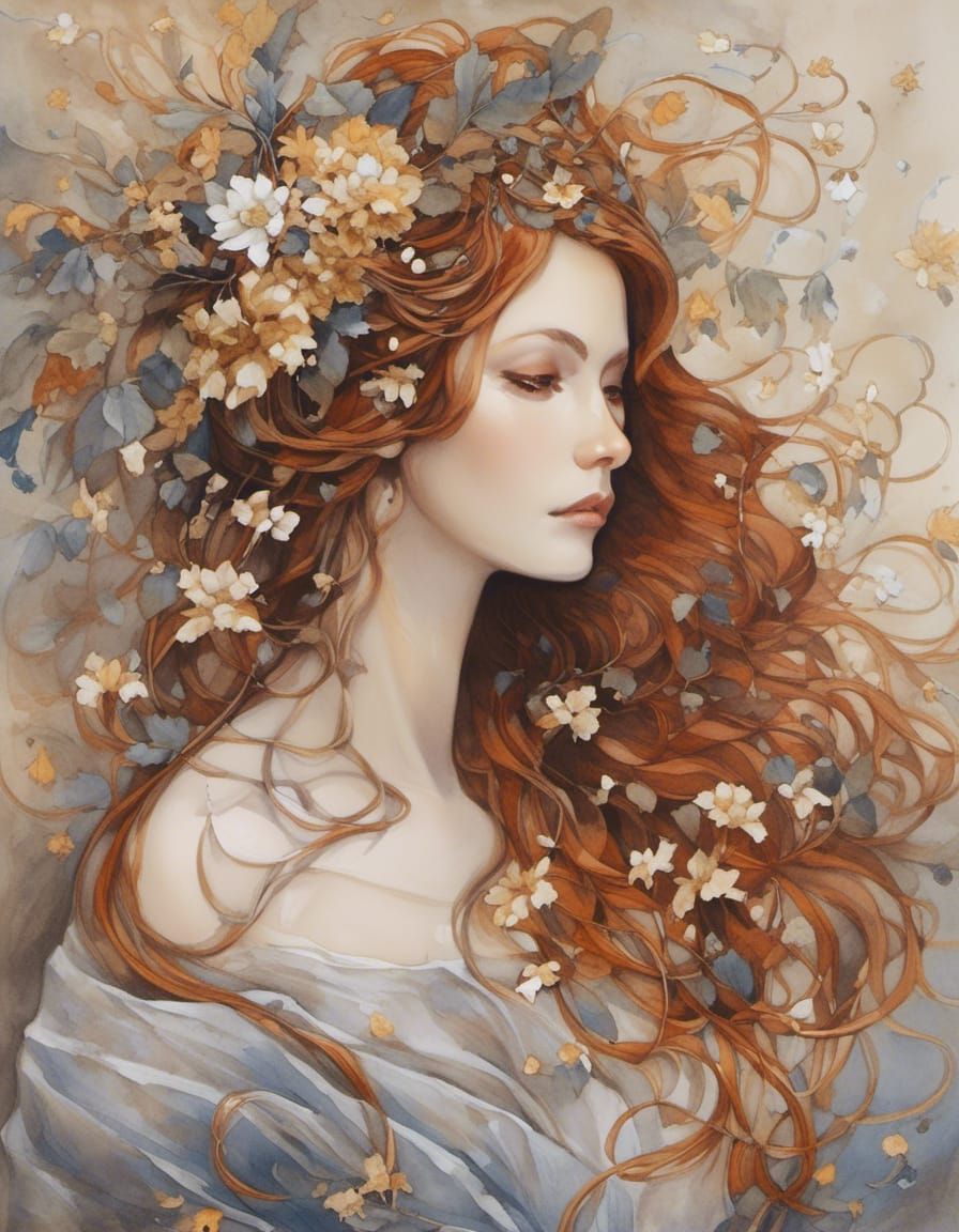 Auburn Haired Woman with Petals, Mystical Realism