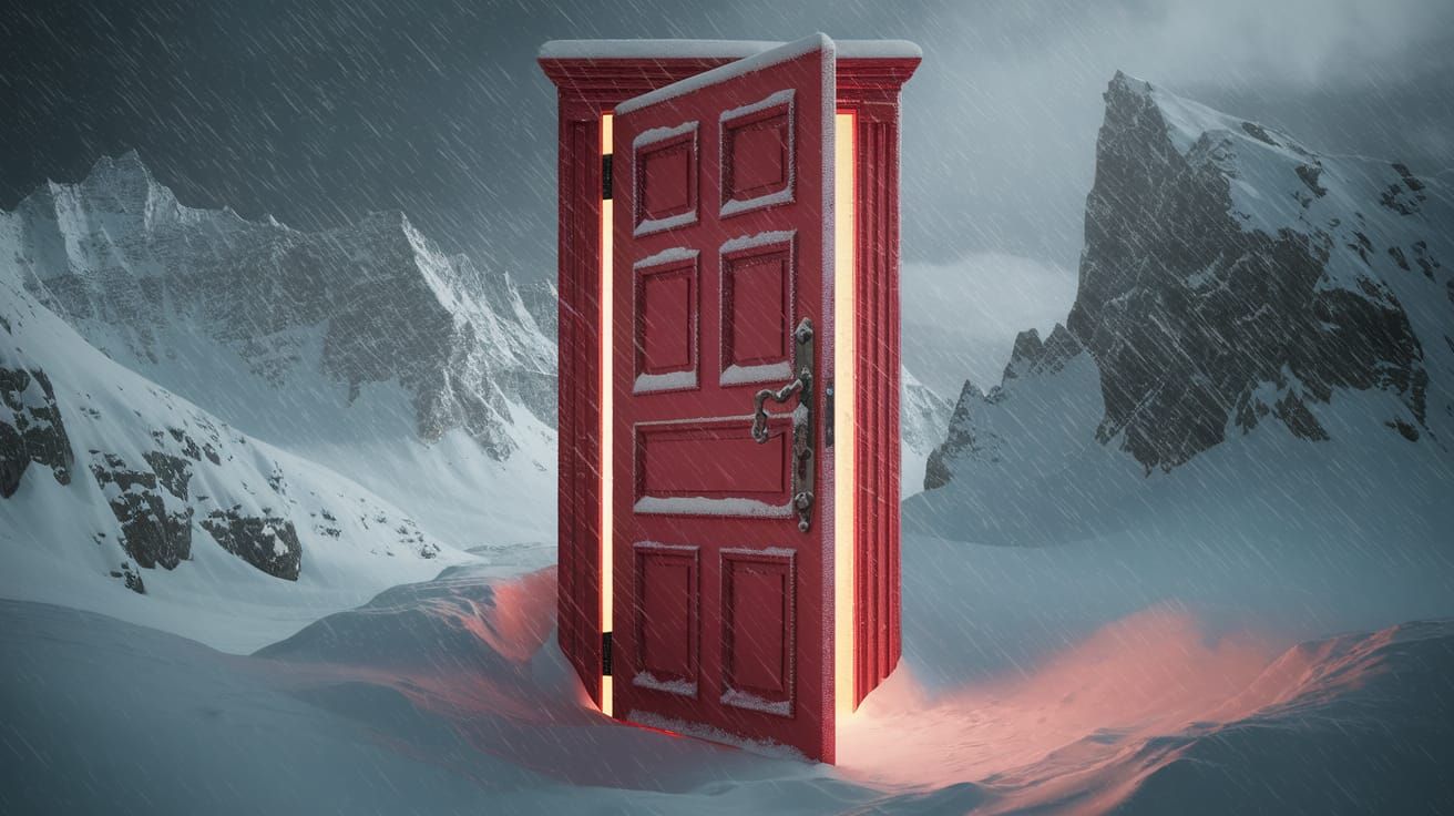 Red Door in Icy Himalayas: Surreal Scene