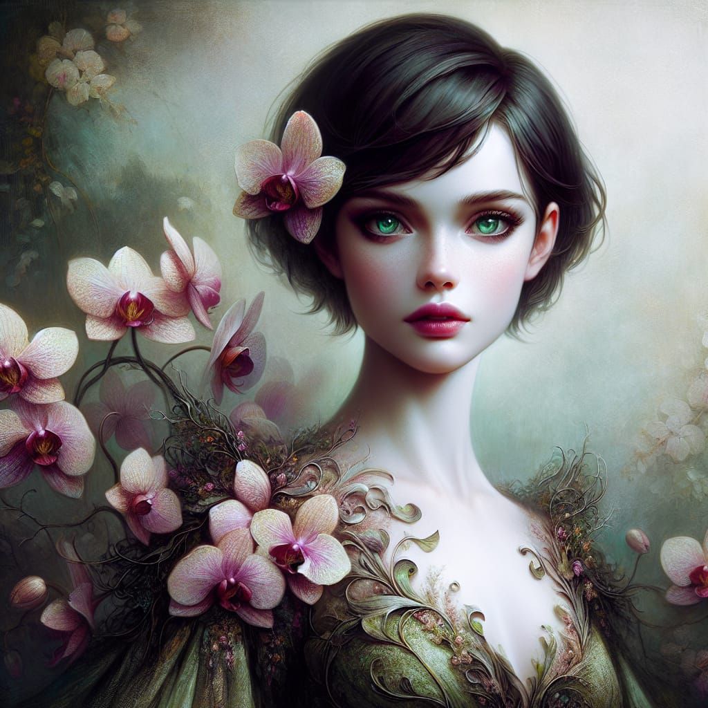 Orchid Blossom Woman in Romantic Style