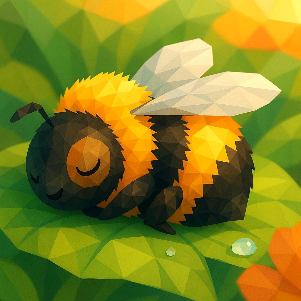 Low-Poly Bumblebee Napping on Leaf in Sunlight