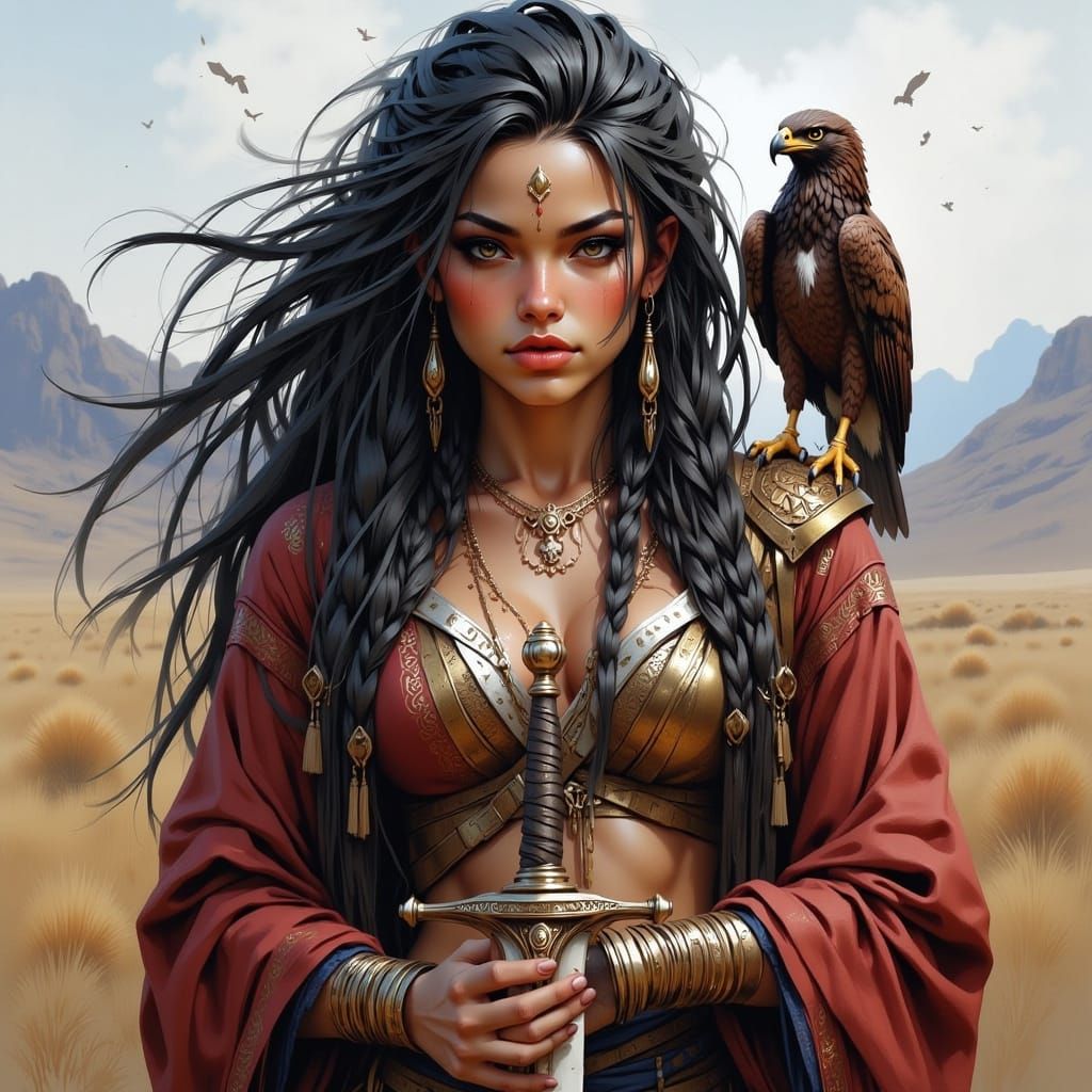 Mongolian Warrior Woman with Eagle and Marble Sword