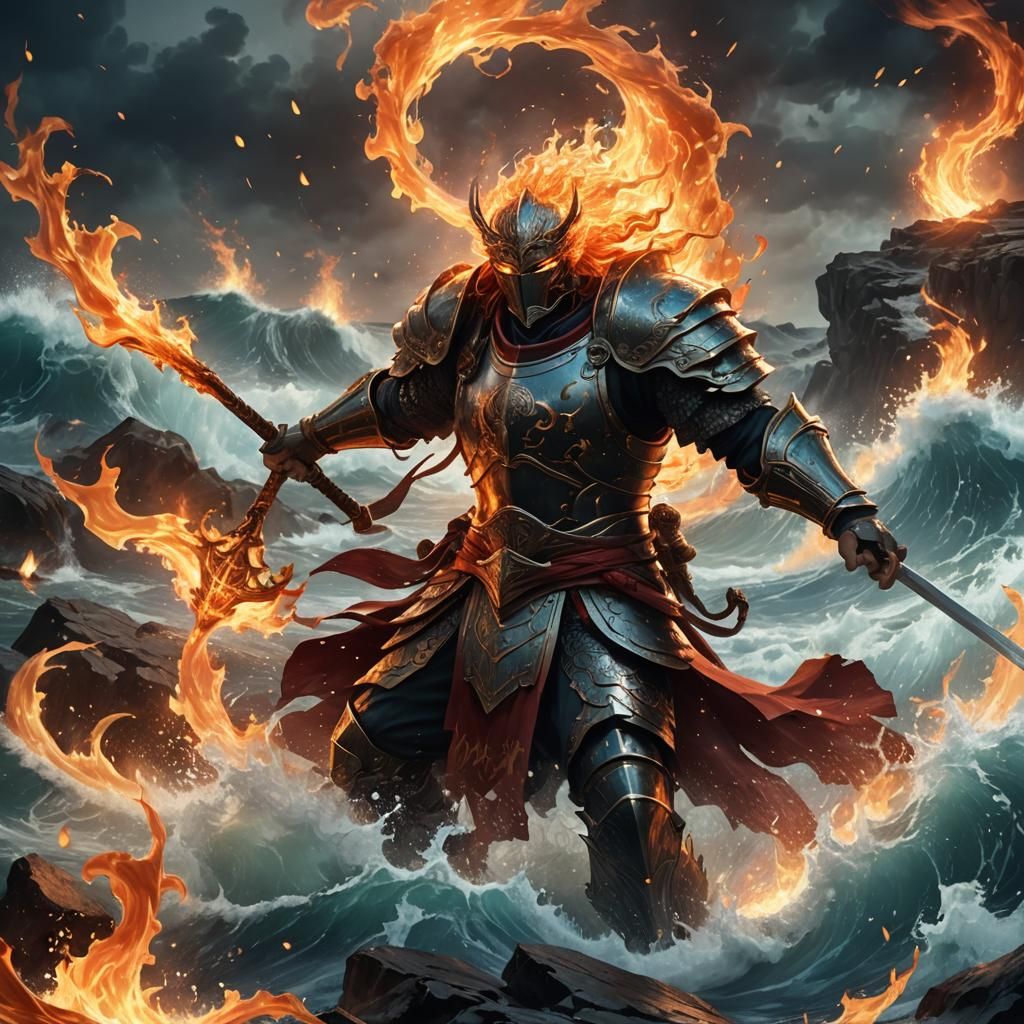 Warrior in Epic Clash of Fire and Water