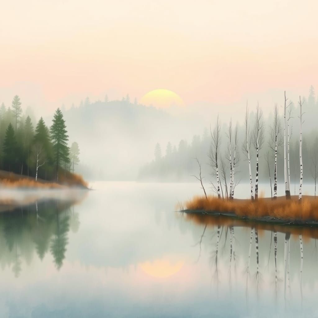 Dreamy Lake at Dawn in Watercolor Style