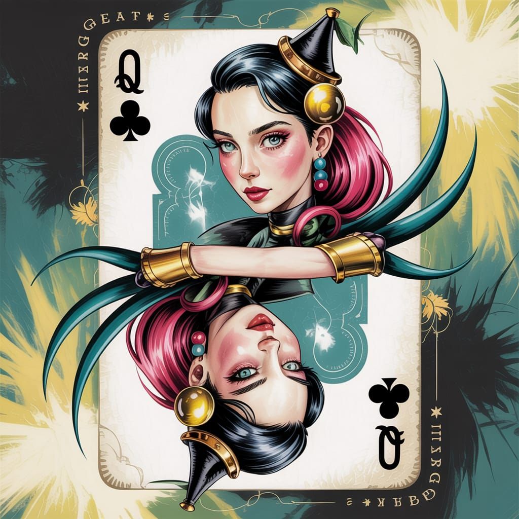 Ghostpunk Queen of Clubs Card in Aetherpunk Style