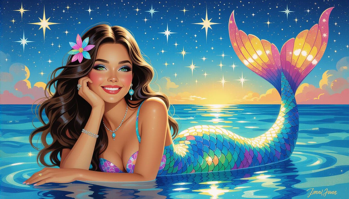 Joyful Mermaid Under Starry Sky, Glittering Scales