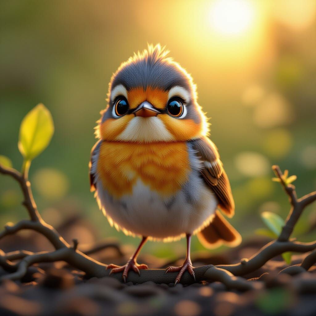 Caricature art. Medium shot. Baby pround robin stands alone....