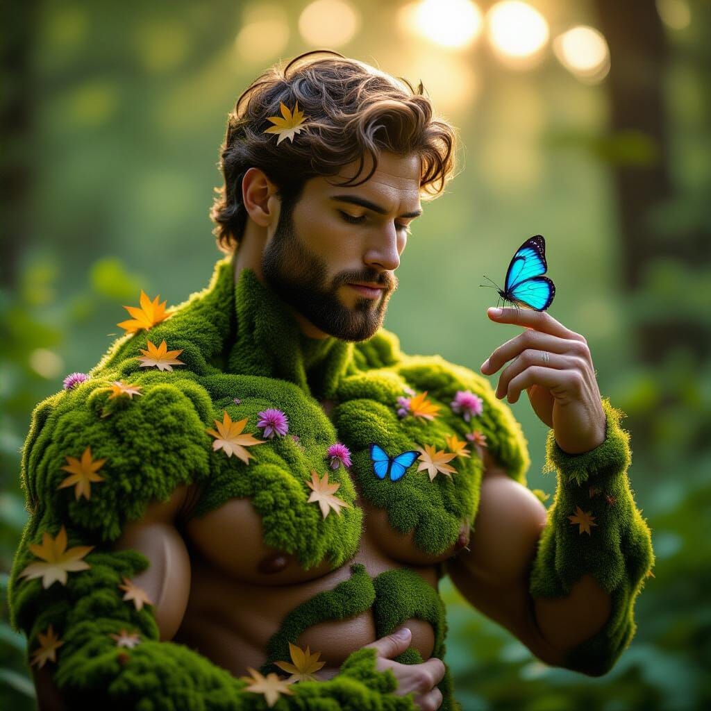 Moss Man with Flowers and Mushrooms, Cinematic Art