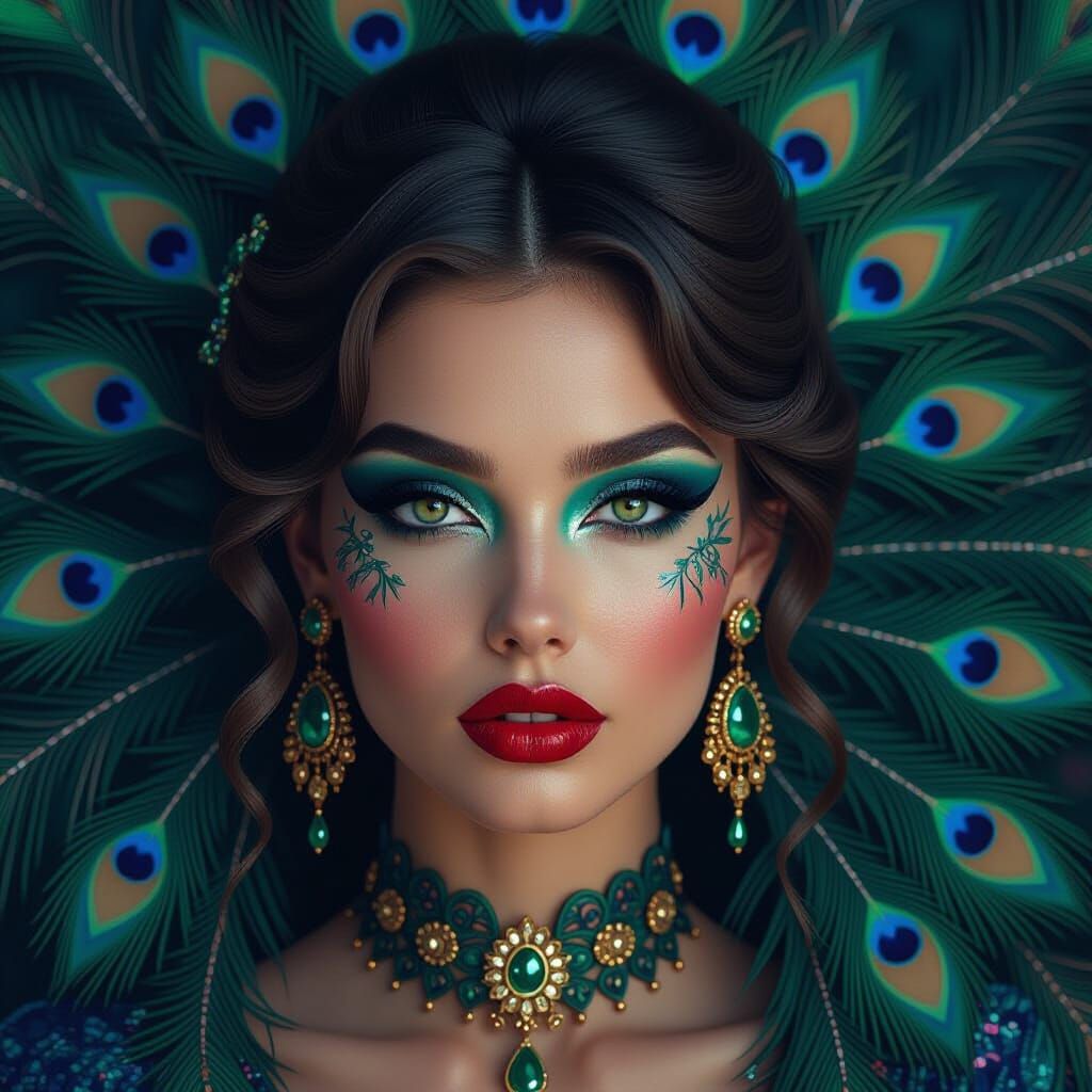 A stunning close-up of a woman adorned with vibrant peacock-themed makeup. Her eyes are accentuated with intricate desig...