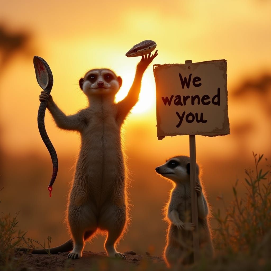 Victorious Meerkat with Cobra Head in Savannah