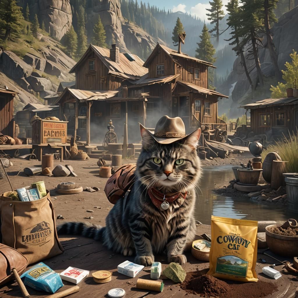 Cowboy cat chewing tobacco,fishing off a doc in Montana, wit...