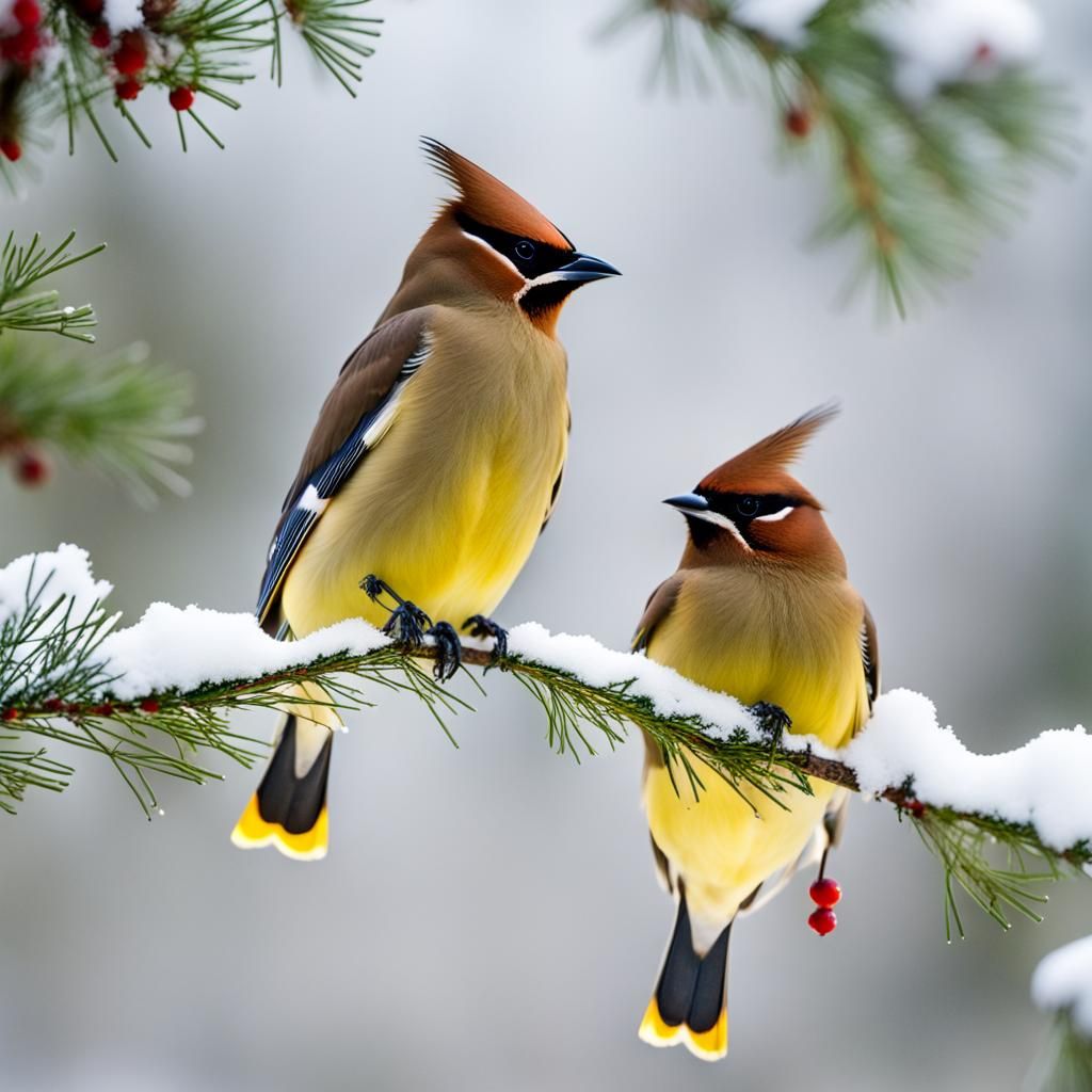 Cedar Waxwings on Snowy Branch: Photography