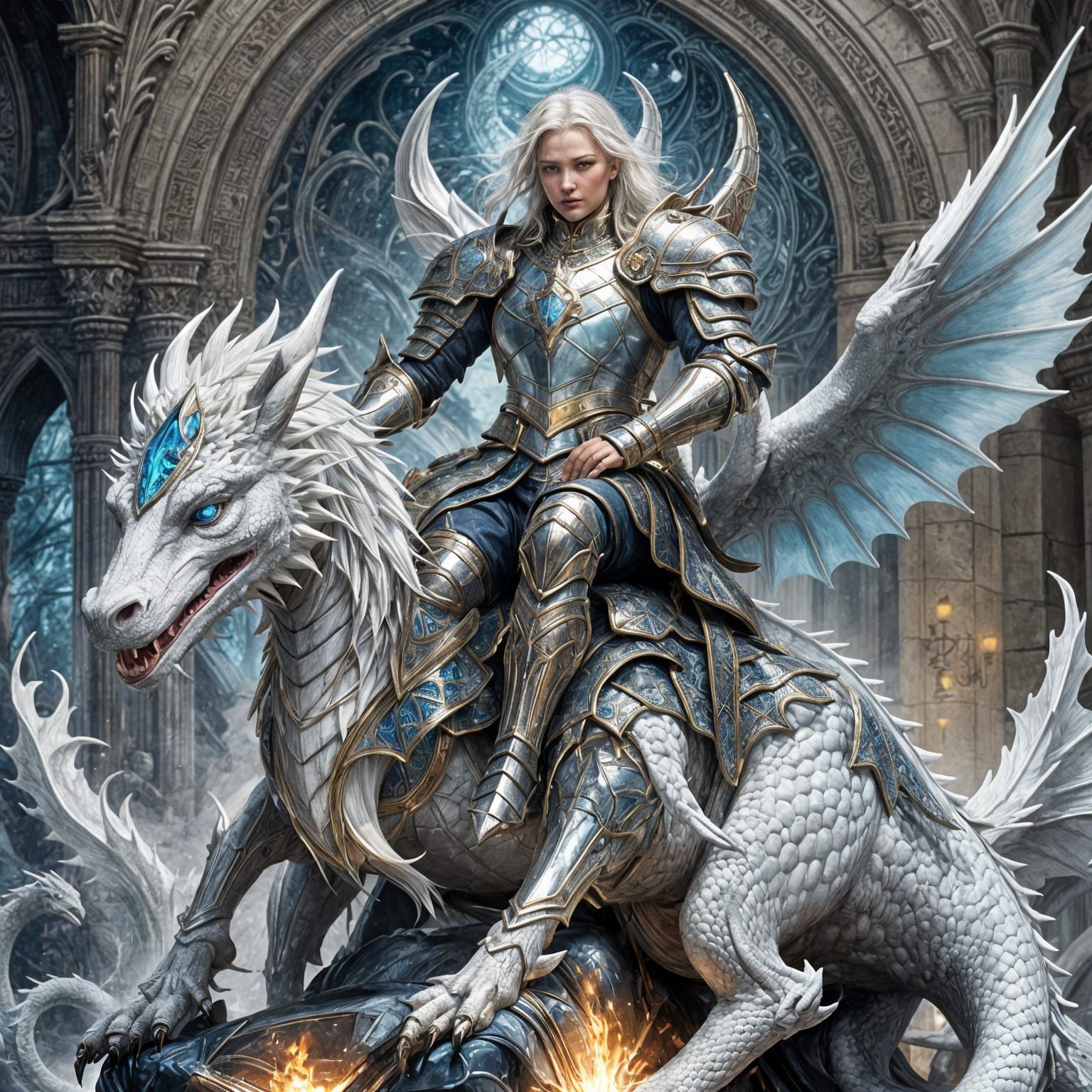 Woman Knight on Dragon in Flower Meadow