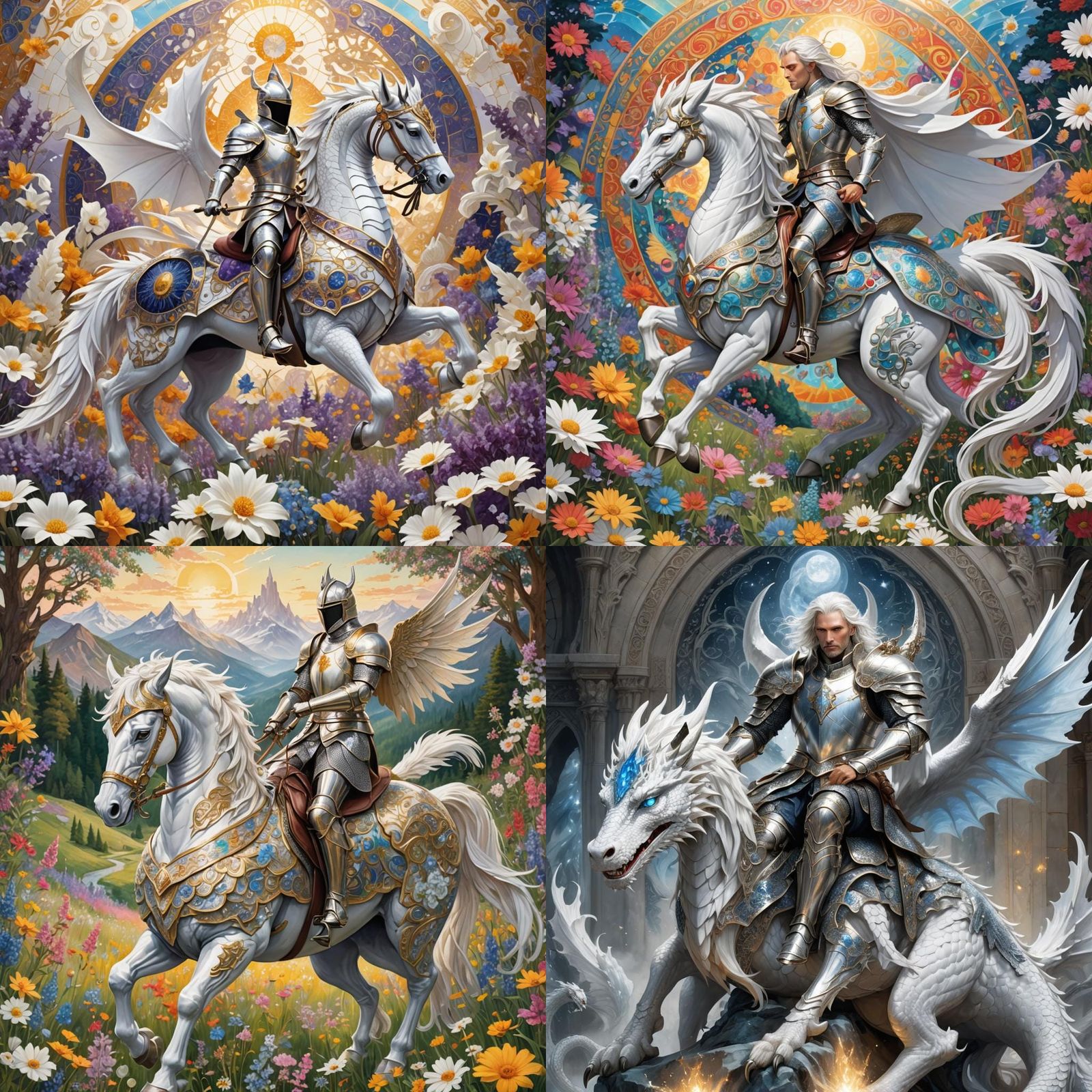 Knight and Dragon Over Flower Meadow, Hyperdetailed Art