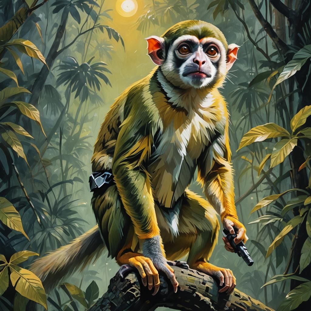 Squirrel Monkey with Pistols: Gouache Impasto Masterpiece