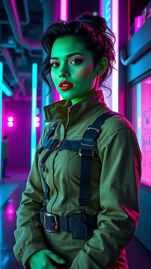 Green Skinned Woman in Neon Surreal City