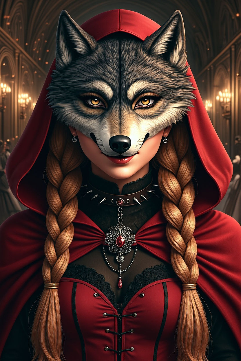 Confident Woman in Wolf Masquerade Mask and Red Riding Hood ...