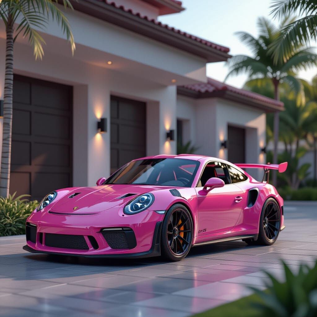 Glossy Pink Cartoon Porsche GT3 RS in Driveway