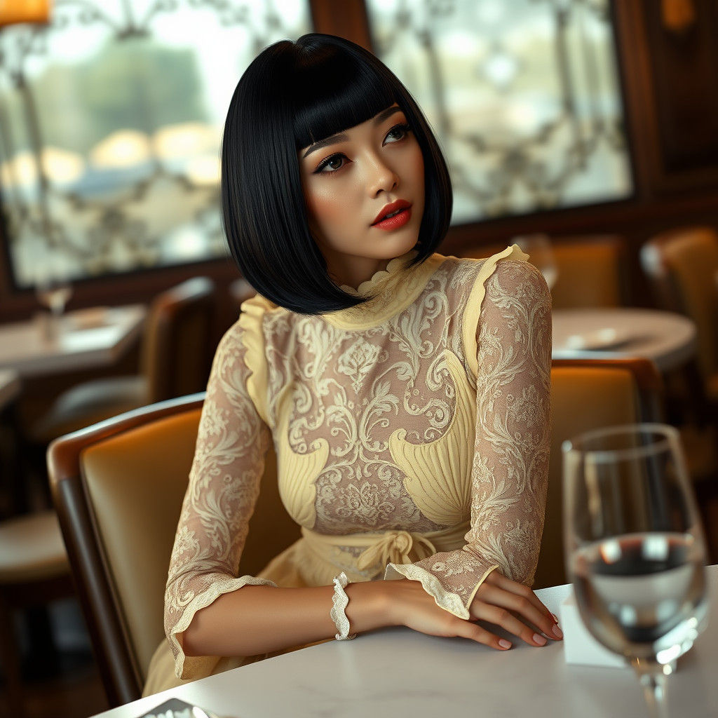 Elegant Woman in Yellow Lace Dress, Detailed Matte Painting