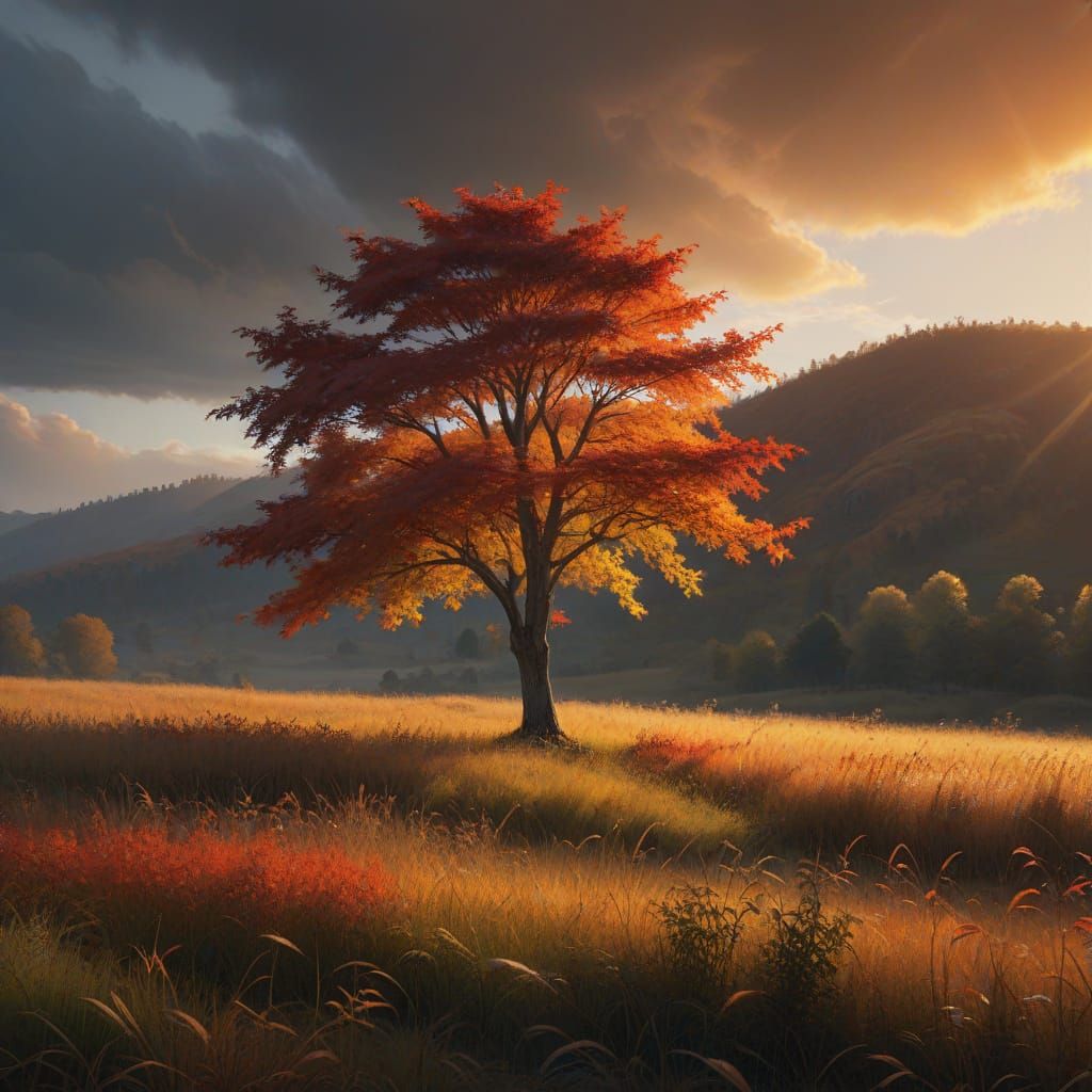 Vibrant Autumn Maple Tree in Golden Hour Field