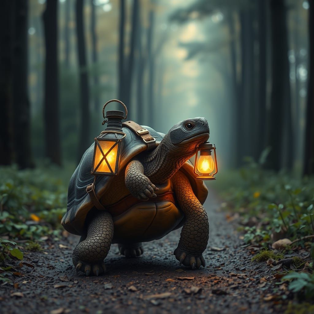 Tortoise Embarks on Whimsical Forest Journey in Earthy Tones