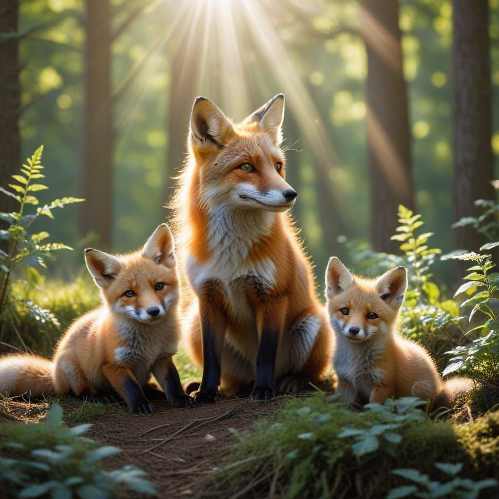 Mother Fox and Her Adorable Cubs in Ethereal Forest