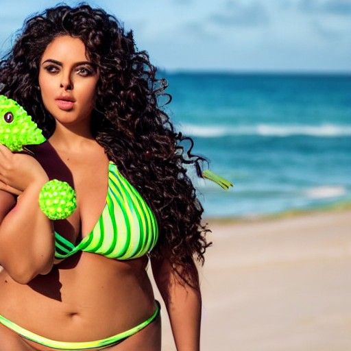 Curvy Brunette in Green Bikini on Beach