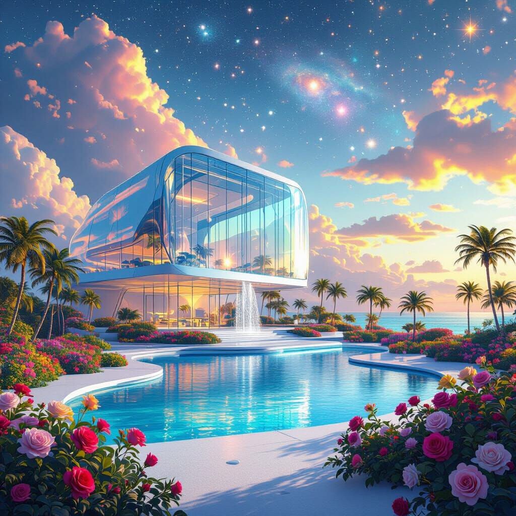 Futuristic Glass Building on Alien Planet Garden