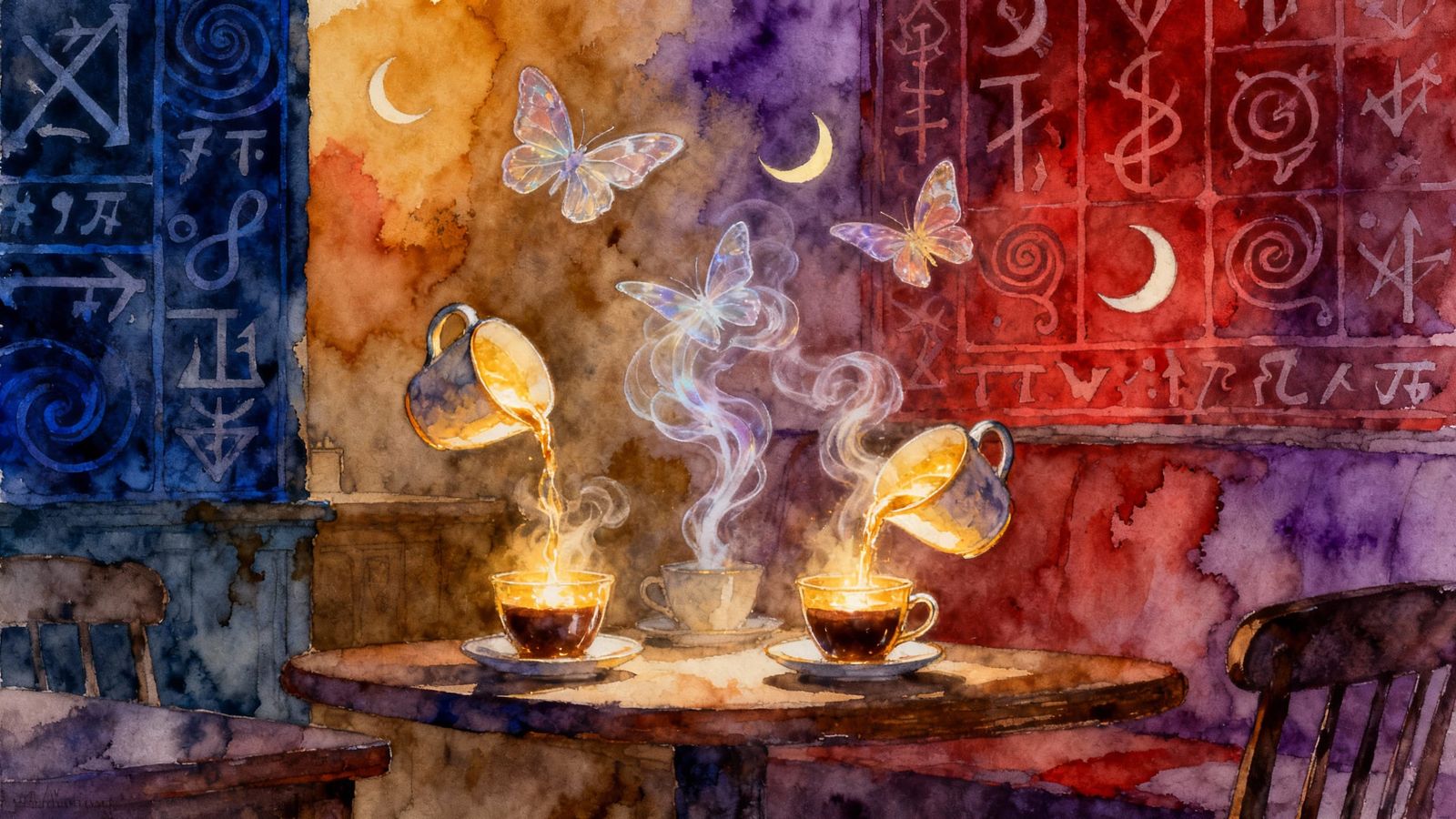 Mystical Cafe with Levitating Mugs and Runes