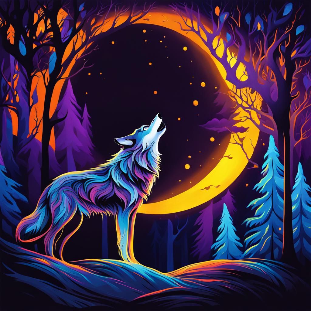 Mystical Wolf Howling at Moon in Graffiti Art