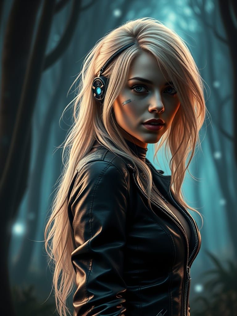 Cybernetic Woman in Mystical Dark Forest