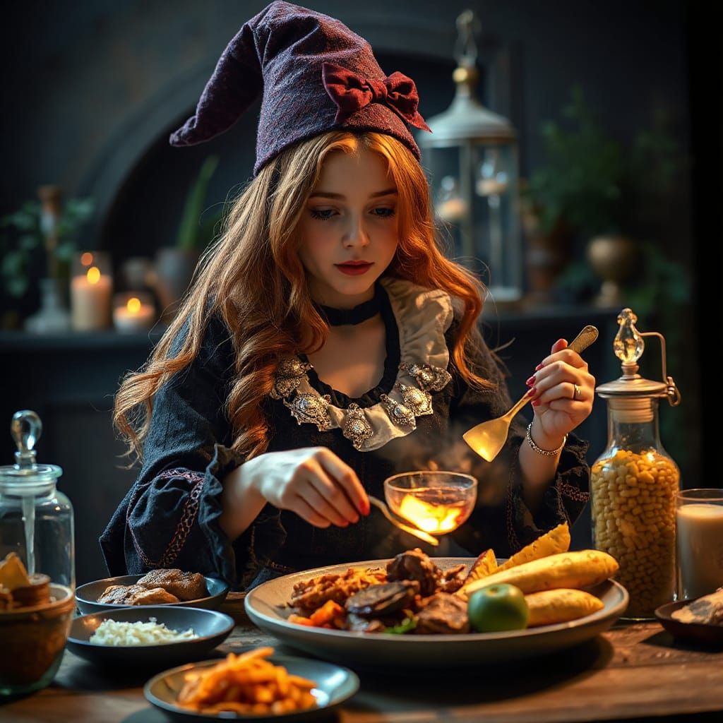 Young Witch Prepares Enchanted Feast in Old Russian Setting