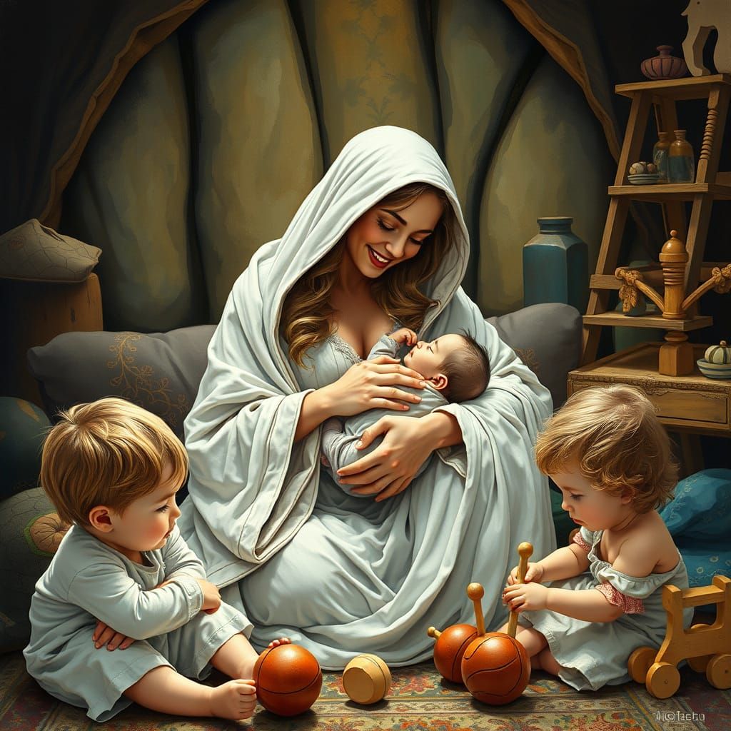 Motherhood Scene in Dreamlike Impasto Gouache Style