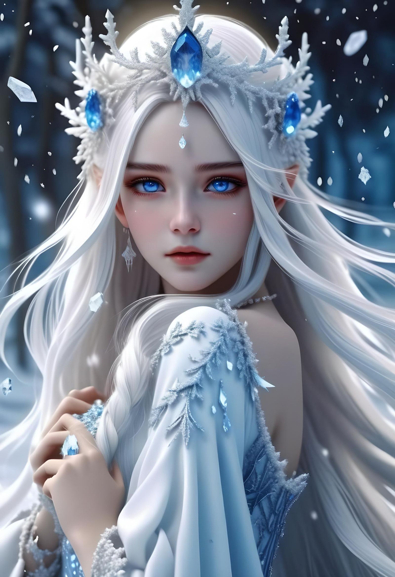 White Witch with Flowing Hair in 3D Anime Style