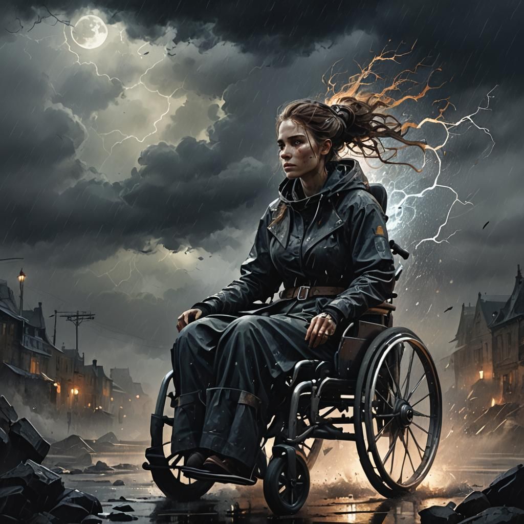 Paraplegic Woman in Storm: Dark Fantasy Watercolour