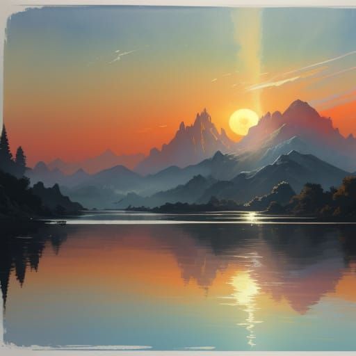 Watercolor Sunrise Over Lake with Dynamic Lighting